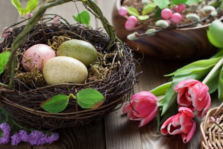 鸡蛋，复活节，假期，春天，鲜花