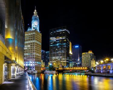芝加哥，美国，城市，夜晚，灯光