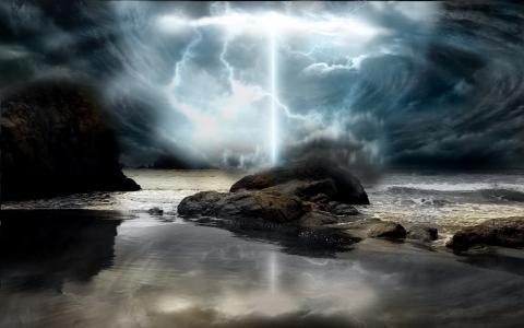 海洋，风暴，闪电，云
