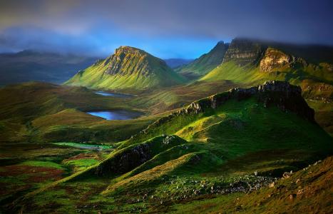 苏格兰，斯凯岛，苏格兰，山区，丘陵，山，岩石，山谷，湖，早晨，云，景观，性质
