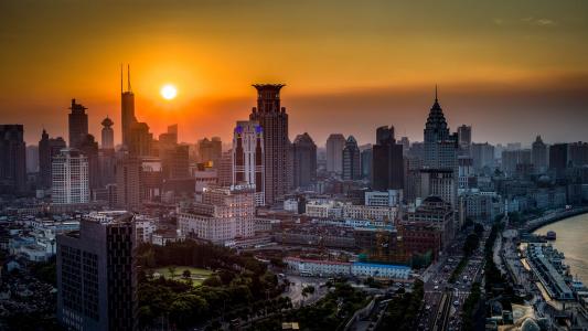 上海，中国，上海，中国，日落，建筑，摩天大楼，全景