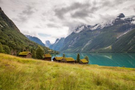 Lovatnet湖，挪威，挪威，湖，山，小屋，景观
