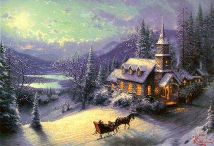 托马斯kinkade，绘画，冬季，月光，雪，房子，教堂，道路，马，雪橇，星期日前夕雪橇骑，托马斯kinkade，绘画，冬季