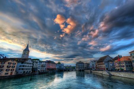 瑞士，房屋，河流，天空，苏黎世，人类发展报告