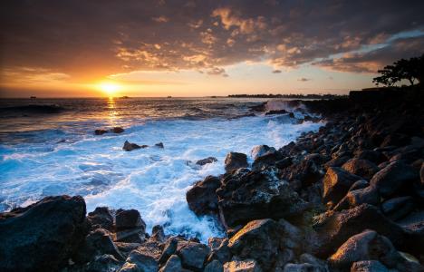 夏威夷，夏威夷，海洋，日落，岩​​石，海岸