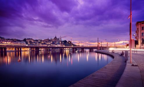 斯德哥尔摩，瑞典，日落，云，晚上，灯