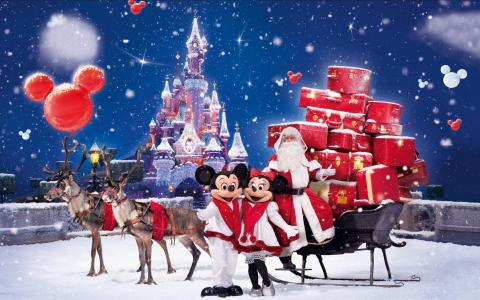 新年，假期，圣诞老人，雪橇，鹿，礼物，迪斯尼，三木鼠标，迷你鼠标