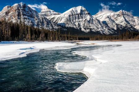 加拿大，贾斯珀国家公园，艾伯塔省，木材，山脉，冬天，河流，雪，冰