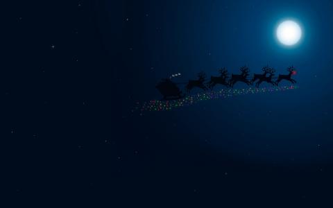 圣诞老人，鹿，雪橇，晚上，月亮，新的一年，圣诞快乐