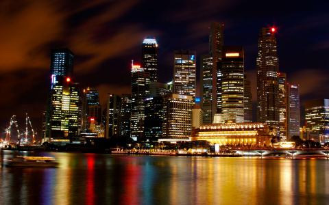 singapur，城市，夜晚，建筑
