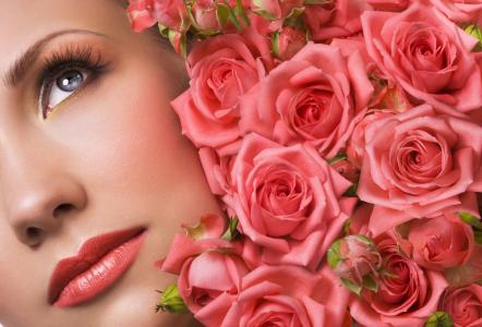 玫瑰，花蕾，脸，化妆，女孩