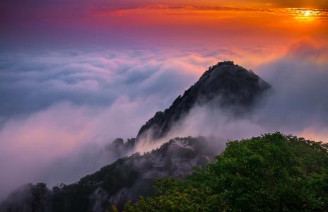 风景，山，黎明，云，美，韩国