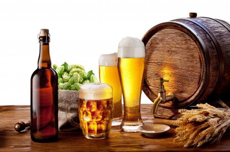 啤酒花，眼镜，桶，瓶，静物，啤酒
