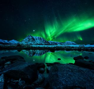 北极光，山脉，夜景，维斯特兰群岛，挪威，挪威