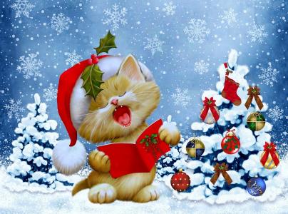 小猫，树，玩具，唱歌，雪花