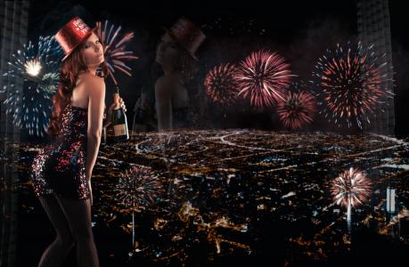 Tancy Marie，新年，烟花，夜晚的城市，全景，倒影，瓶子，香槟