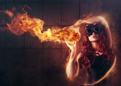 女孩，火，眼镜，红色，火球，火焰