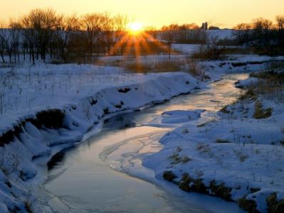 冬天，雪，小溪，日出，太阳