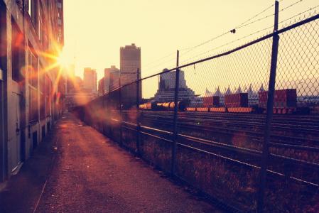 城市，太阳，早晨，建筑物