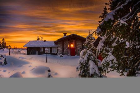 景观，冬天，雪，日落，房子，美容，挪威