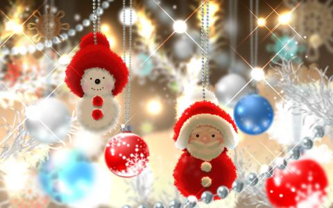 圣诞老人，雪人，新年，玩具，珠子，雪花，灯
