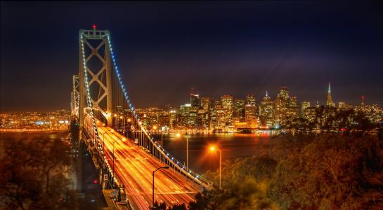 旧金山，桥，夜晚的城市，旧金山，加利福尼亚州，加州