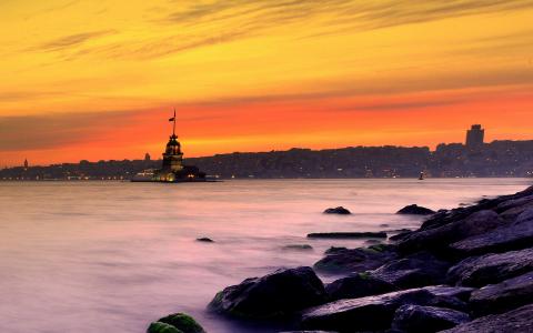 伊斯坦布尔，海，石头，日落