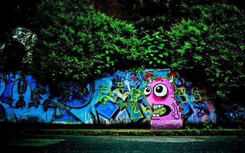 墙，涂鸦，怪物，树木