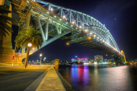 悉尼，港口，桥梁在晚上