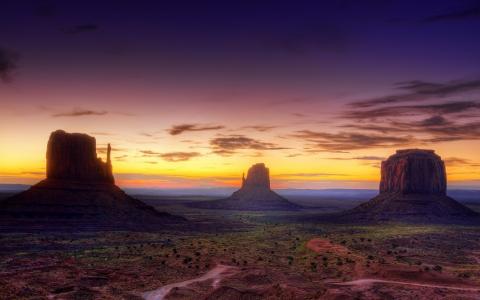 纪念碑谷，亚利桑那州，美国，美国，沙漠，峡谷，日落，晚上，天空，景观，性质