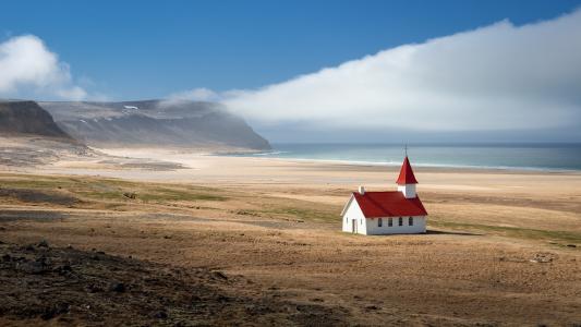 冰岛，冰岛，海，教堂，寺庙，山，天空，可以，景观，自然