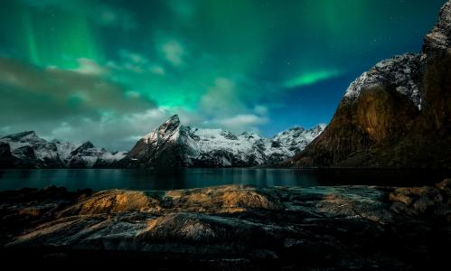 北极光，挪威，山脉，夜间