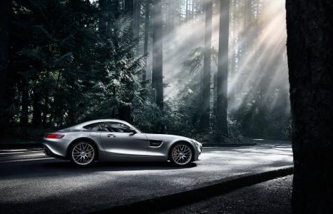 梅赛德斯 - 奔驰，AMG，GT S，2016，银色，颜色，太阳，黑暗，森林，侧面