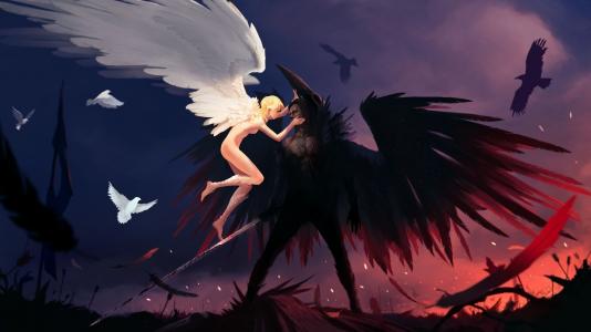 天使，恶魔，翅膀，鸽子，乌鸦，剑，血