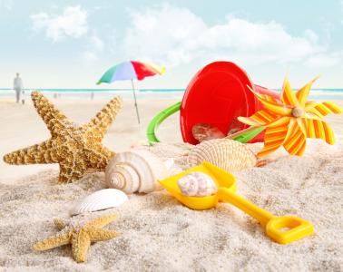 沙子，沙滩，玩具，贝壳，海星，桶，碟子，雨伞