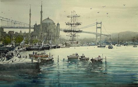 绘画，船舶，船，桥，尖塔，清真寺，马克西米利安达米科，伊斯坦布尔，城市景观，水彩