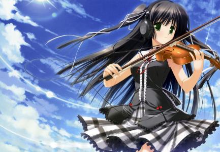 女孩，形状，小提琴，耳机，天空