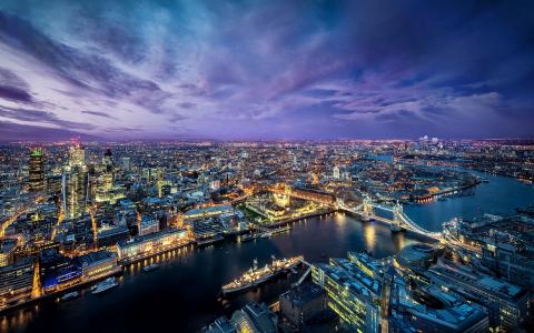 伦敦，伦敦，泰晤士河，河，全景，夜晚的城市，塔桥，船舶，建筑物，河流