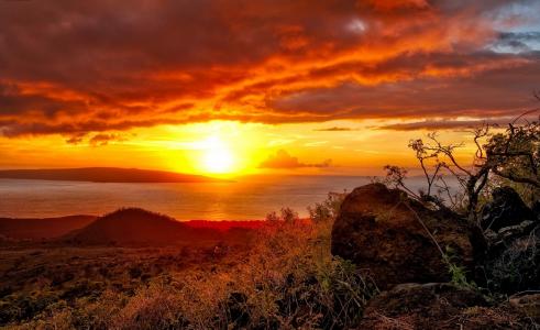 风景，日落，太阳，云，毛伊岛，夏威夷，美国的岛屿