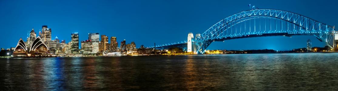 悉尼，澳大利亚，悉尼海港大桥，海港大桥，杰克逊港，悉尼港，悉尼，澳大利亚，海港大桥，杰克逊港湾，悉尼海港，夜晚的城市，桥，海湾，全景