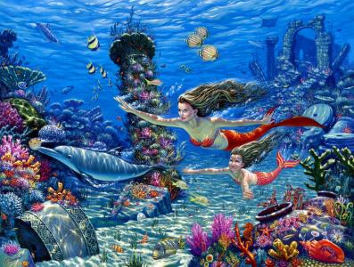 Wil Cormier，海底世界，美人鱼，海豚，鱼，海底，珊瑚，艺术