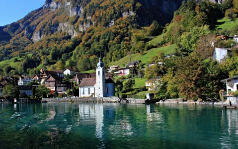 瑞士，瑞士，湖，教堂，山，景观