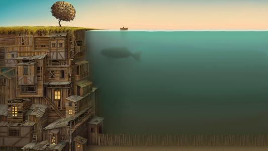 房子，水下，鲸鱼，船，围栏，底部，树