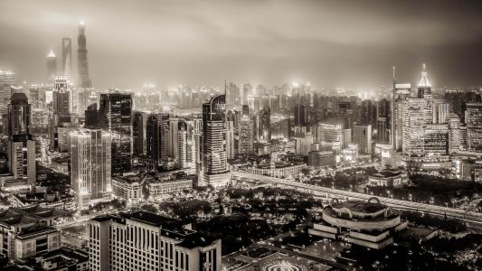 黄浦，上海，中国，黄浦，上海，中国，夜晚的城市，建筑物，全景，黑色和白色