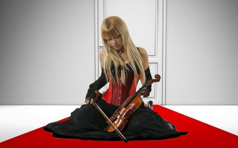 女孩，模型，金发女郎，小提琴