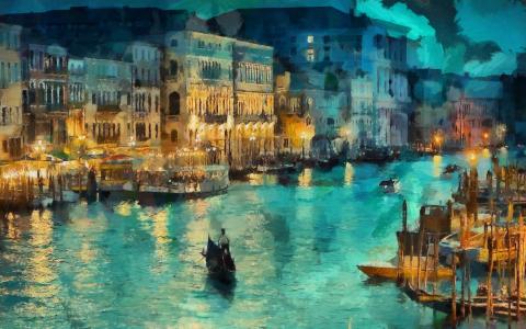 威尼斯，运河，艺术，灯，意大利，夜