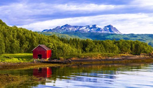精彩，挪威，河，房子，山，森林，景观