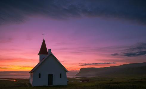 冰岛，教堂，山，远，海，晚上，日落，天空，云