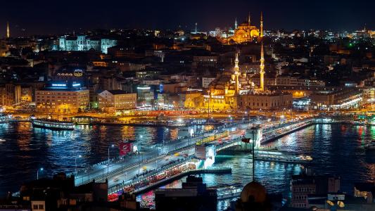 城市，伊斯坦布尔，土耳其，夜，灯，博斯普鲁斯海峡，加塔，塔，清真寺，运动，景观，城市，夜，光，水，水