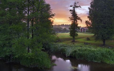 Stocka，Närke，瑞典，瑞典，河流，树木，景观